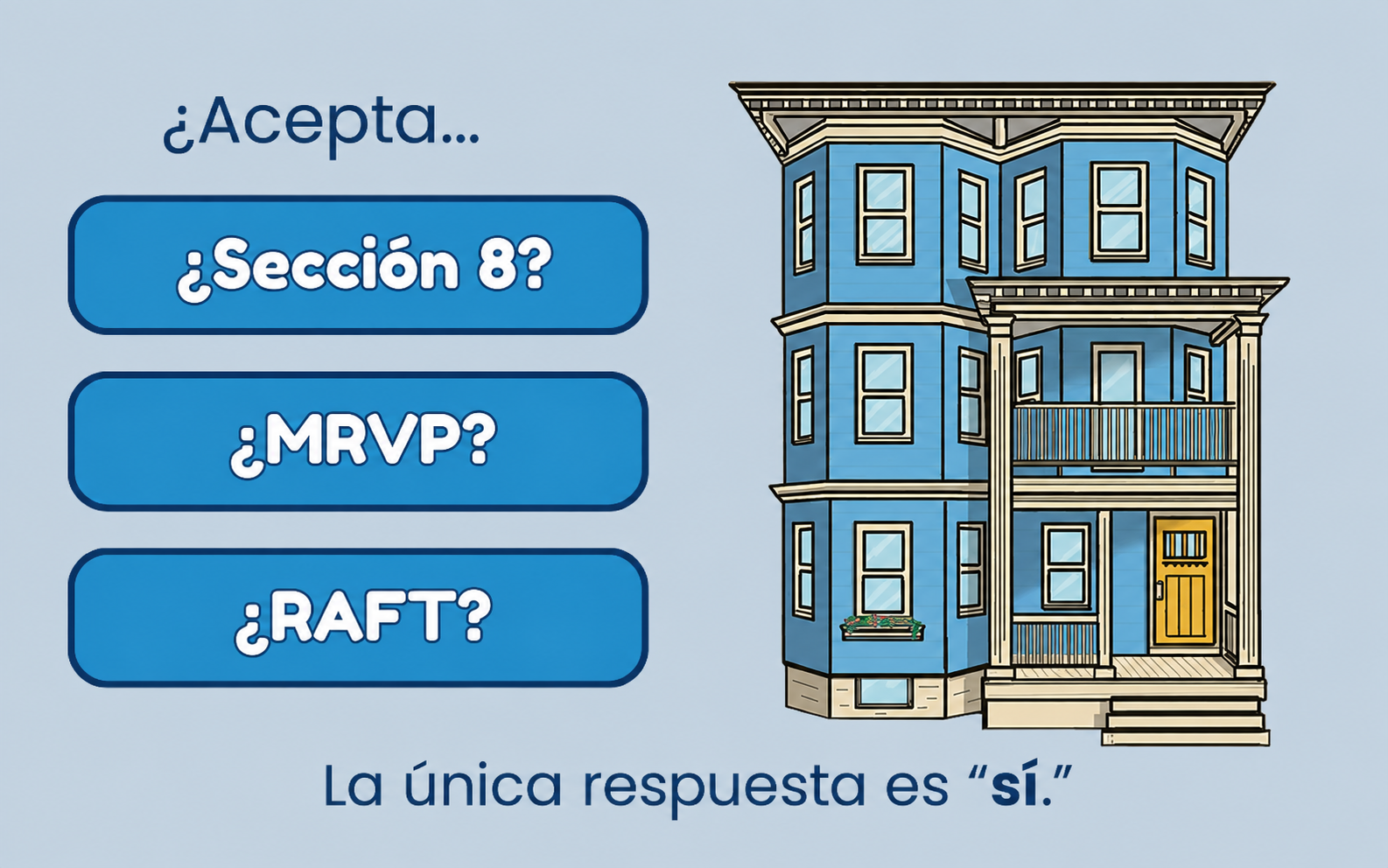 Una imagen de estilo caricatura muestra una casa de tres pisos a la derecha. A la izquierda, el texto dice: «¿Acepta… Sección 8? ¿MRVP? ¿RAFT? La única respuesta es “sí”».