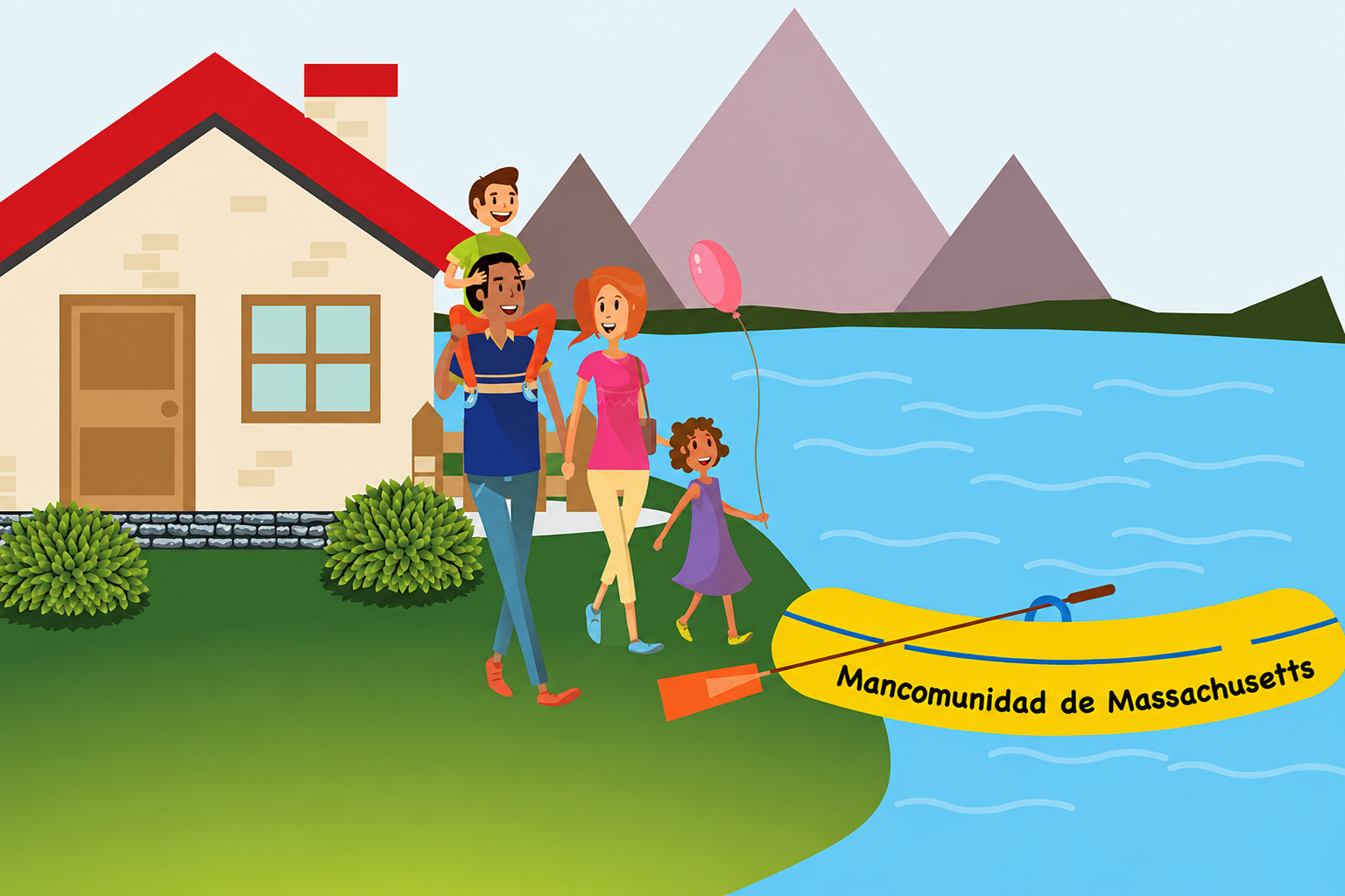 Una imagen de estilo caricatura muestra a una familia de cuatro integrantes, un hombre, una mujer y dos niños pequeños, caminando sobre un césped verde frente a una casa beige de una planta. Junto al césped hay un río con una balsa amarilla en la orilla. La balsa lleva la inscripción «Mancomunidad de Massachusetts».