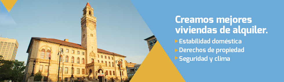 Página de inicio imagen 2 con foto de municipalidad de Worcester y el texto siguiente: Creamos mejores viviendas de alquiler. Estabilidad doméstica. Derechos de propiedad. Seguridad y clima.