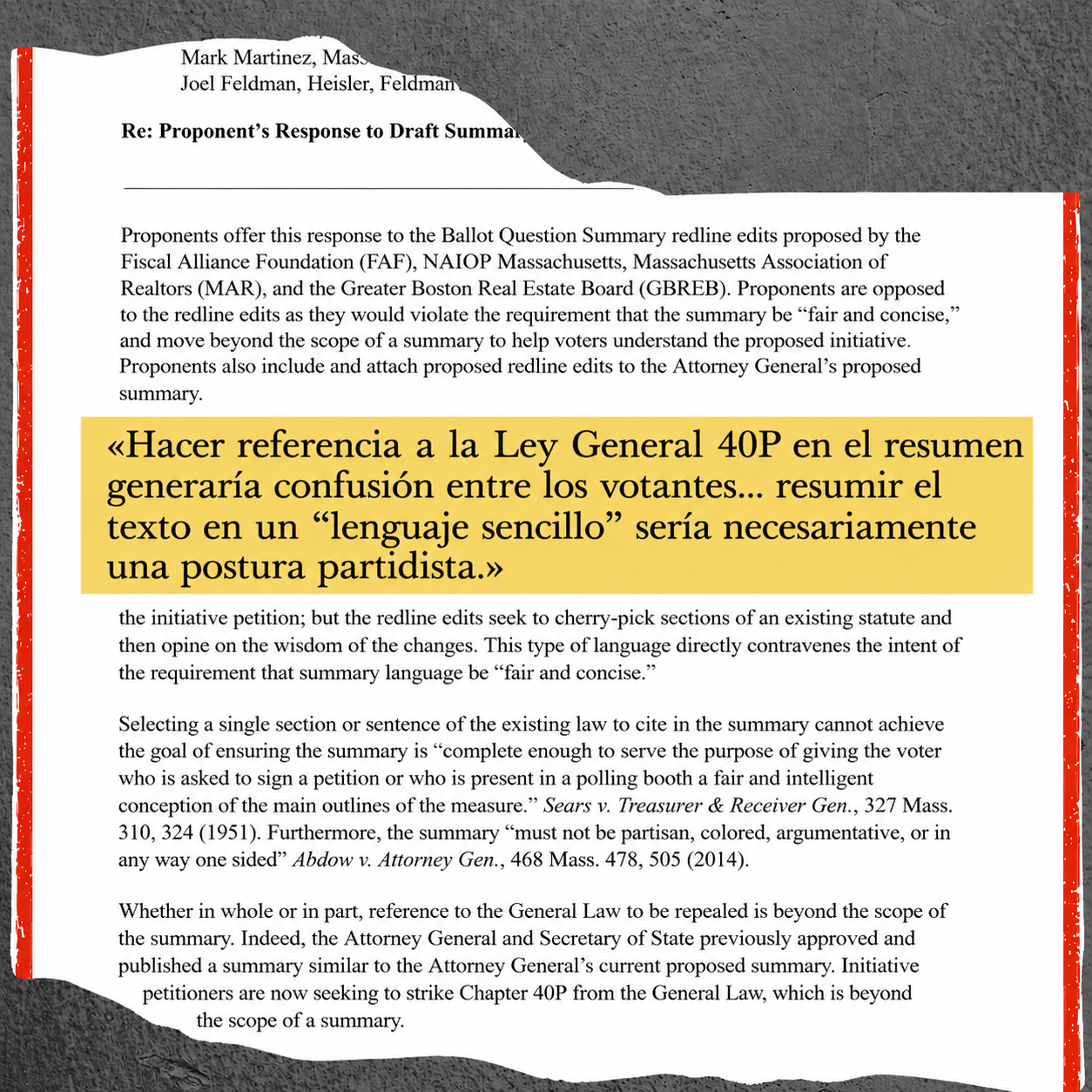 Texto alternativo: Una cita destacada aparece superpuesta sobre la iniciativa electoral. Dice: «Hacer referencia a la Ley General 40P en el resumen generaría confusión entre los votantes... resumir el texto en un 