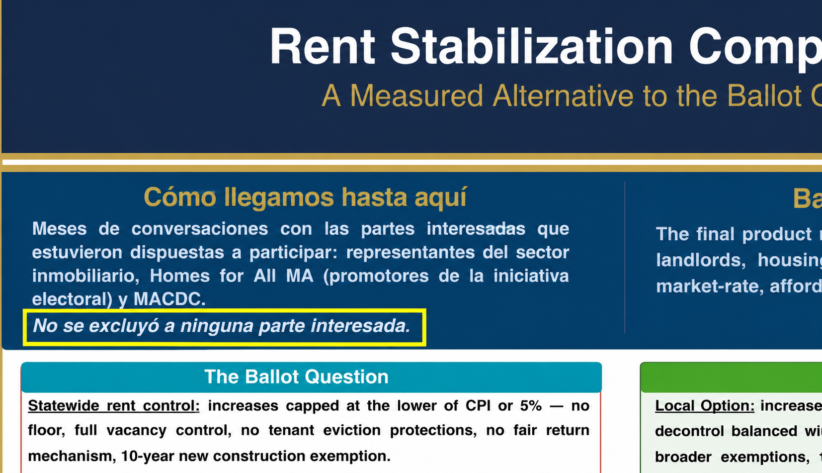 Una captura de pantalla de un documento muestra una vista parcial de la página. Dice: Propuesta de estabilización de alquileres. Una alternativa moderada a la iniciativa electoral. Cómo llegamos hasta aquí. Meses de conversaciones con las partes dispuestas a participar: representantes del sector inmobiliario, Homes for All MA —promotores de la iniciativa electoral— y MACDC. Ninguna parte interesada quedó excluida.