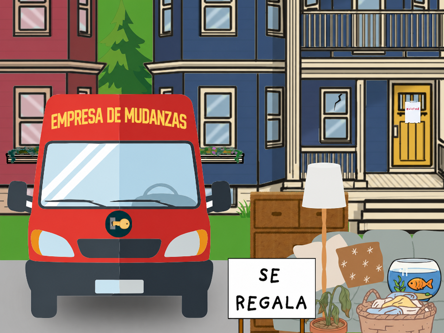 Una ilustración muestra dos casas de tres pisos una junto a la otra. La de la derecha tiene un aviso de “desalojo” en la puerta principal. Una furgoneta roja estacionada en la entrada dice “Cerrajeros Exprés”, y al borde del césped hay una cómoda, un sofá, una pecera, una lámpara, un cesto para ropa y una planta seca, junto a un cartel que dice “se regala”.