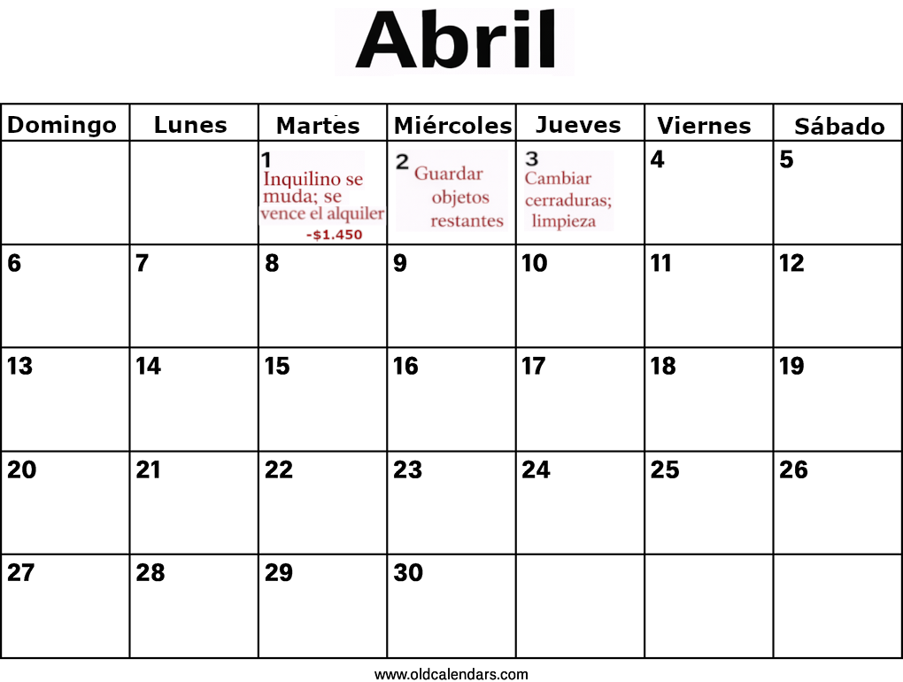 Calendario de abril que muestra fechas clave del proceso de desalojo en Massachusetts con cargos de ejemplo.