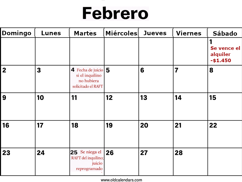 Calendario de febrero que muestra fechas clave del proceso de desalojo en Massachusetts con cargos de ejemplo.