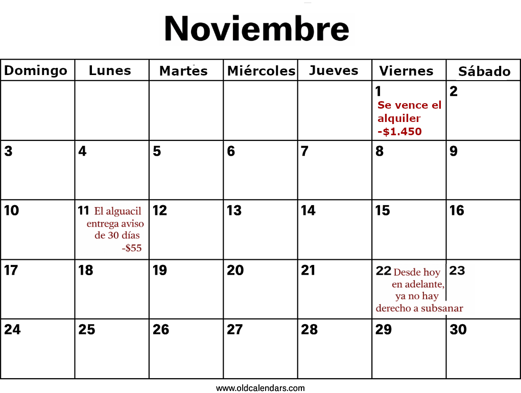 Calendario de noviembre que ilustra fechas de ejemplo del proceso de desalojo en Massachusetts con los cargos de ejemplo correspondientes.