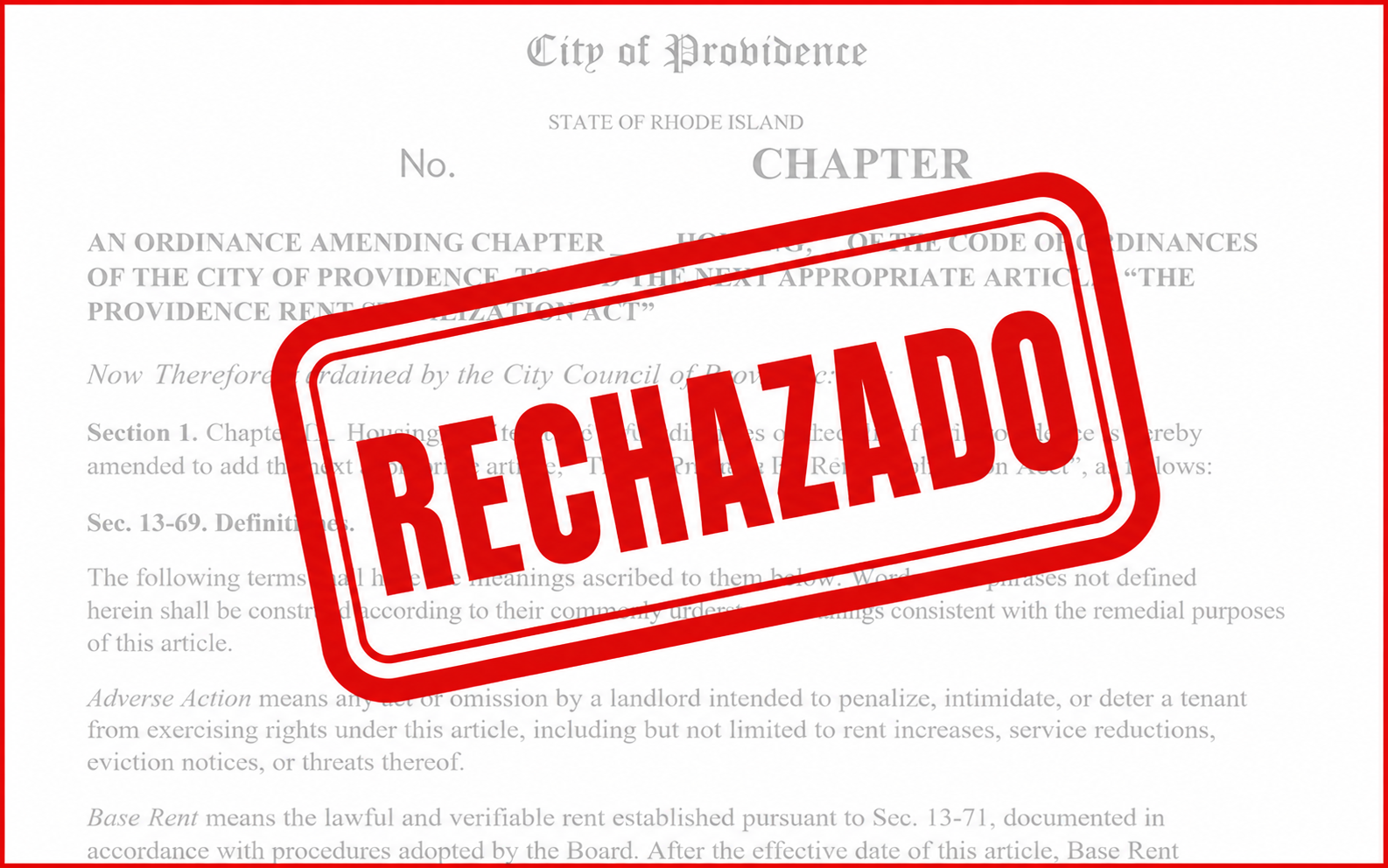 Una imagen borrosa de la portada de la propuesta de control de alquileres de Providence muestra un sello rojo con la palabra “rechazada” sobre ella.