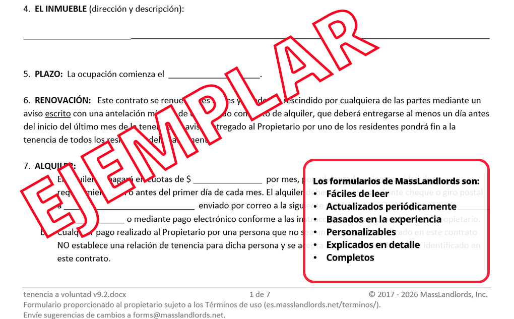 Ejemplo de un contrato de alquiler de tenencia a voluntad en Massachusetts