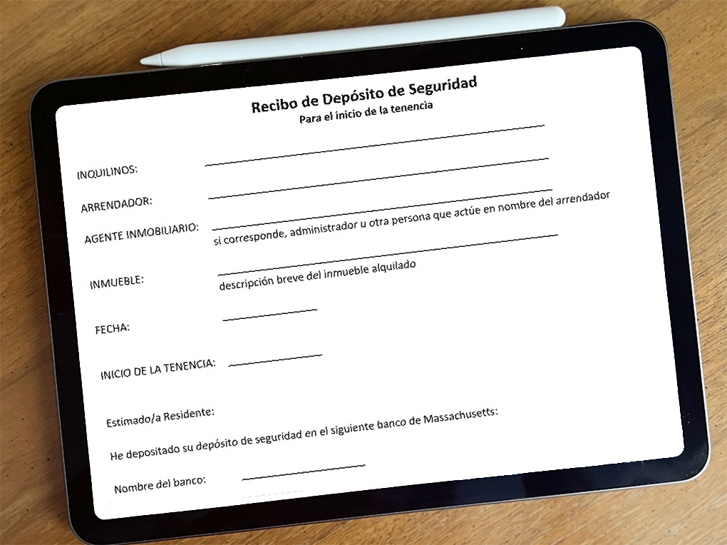 La pantalla de un iPad muestra un formulario en blanco de recibo de depósito de seguridad.