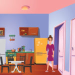 Todo lo que los propietarios deben saber sobre casas de hospedaje y casas de huéspedes en Massachusetts Una mujer en zapatillas está de pie en una cocina compartida, equipada con dos neveras, una estufa, un fregadero, una encimera con algunas cosas y una mesa.